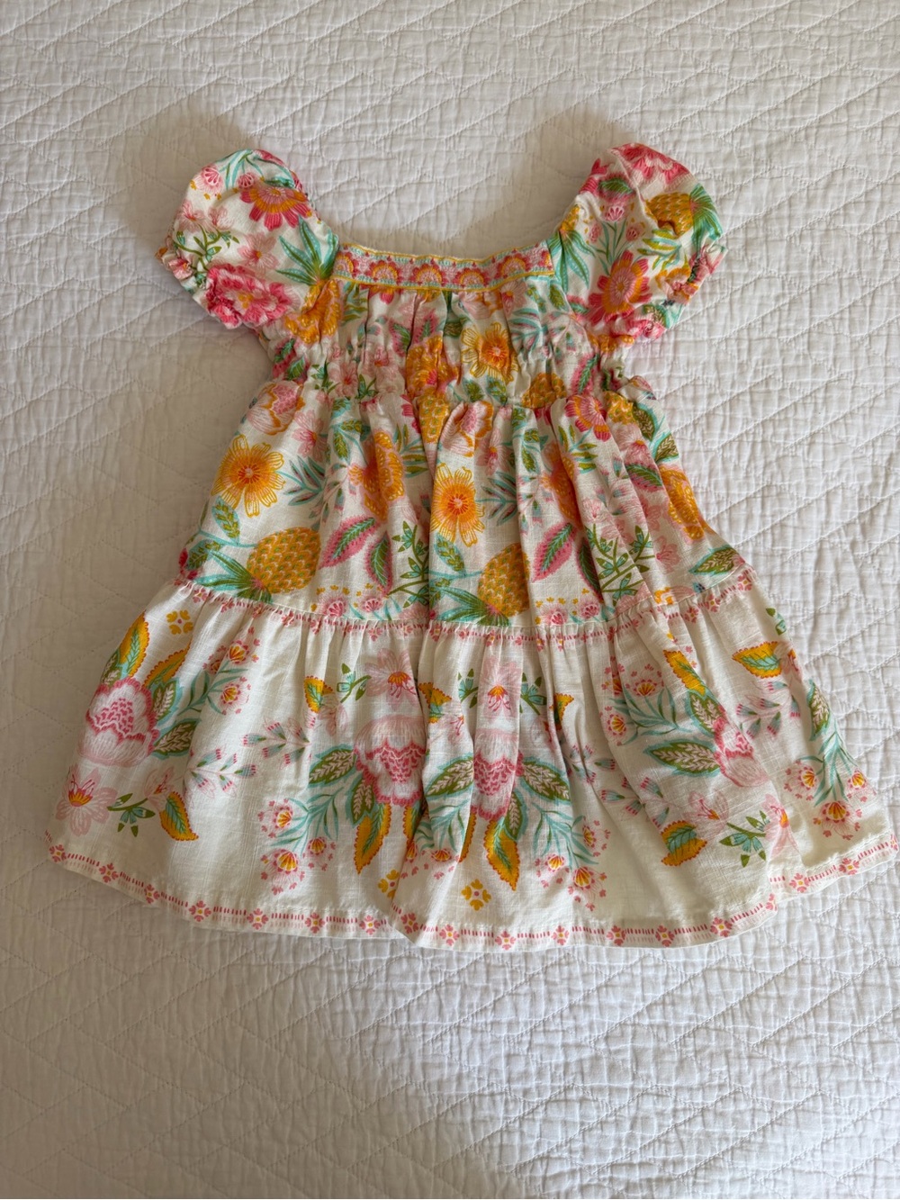 Rachel Zoe White Floral Smocked Dress with Pink & Yellow Accents